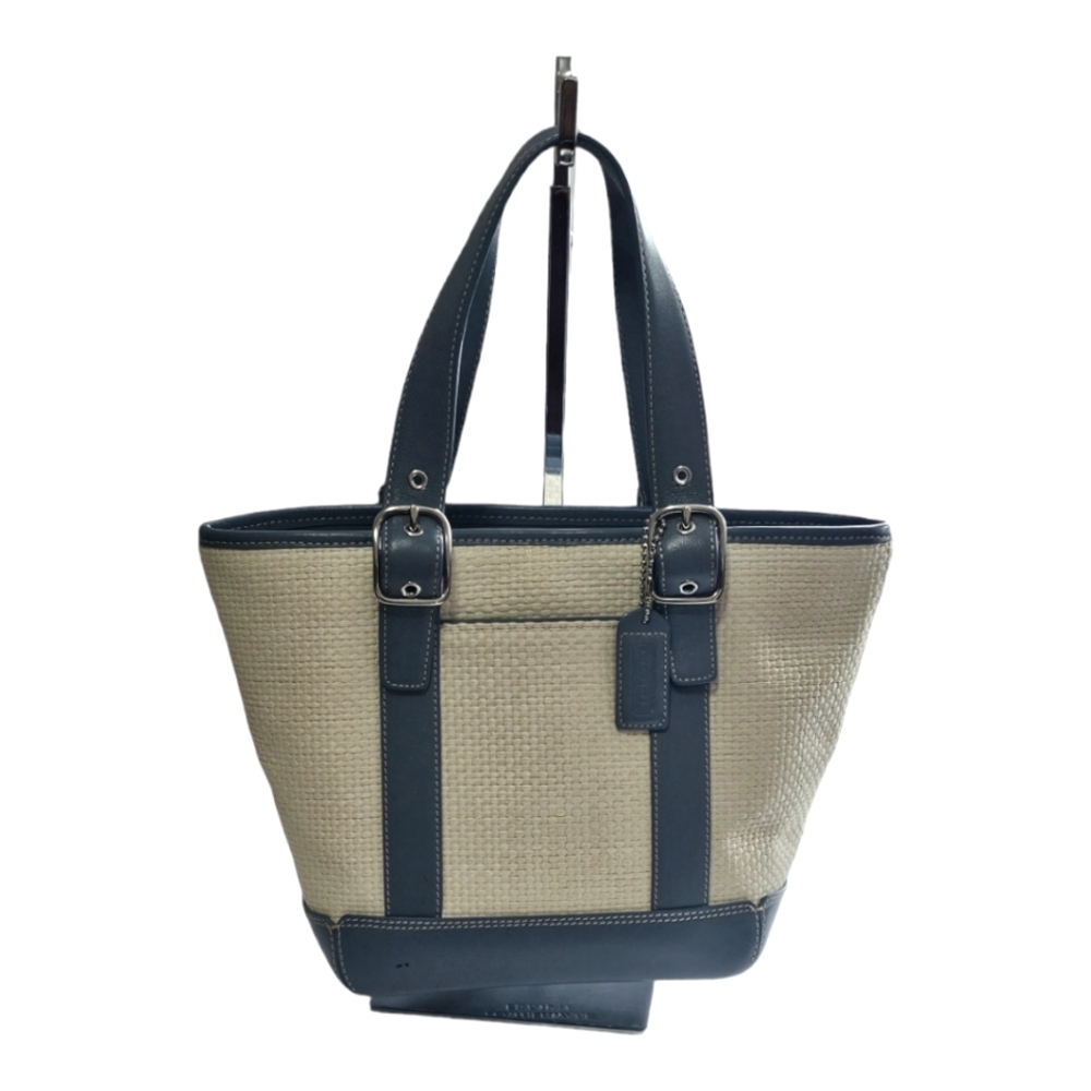 COACH Hampton  Small Handbag Blue Leather & Cream Straw